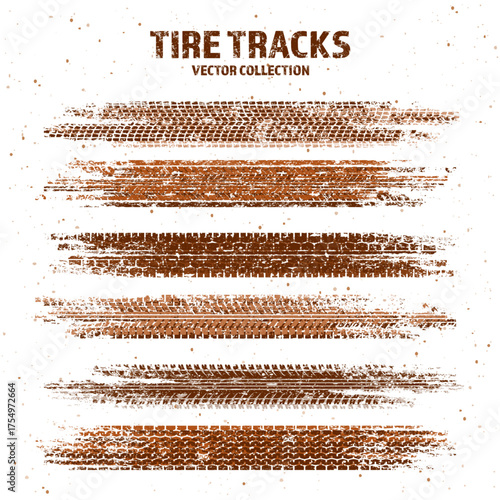 Grunge tire tracks with mud splatters, dirty wheel braking marks. Truck, car, or motorcycle tread pattern silhouettes. Perfect for off-road, motorsport, and racing designs. Vector illustration.