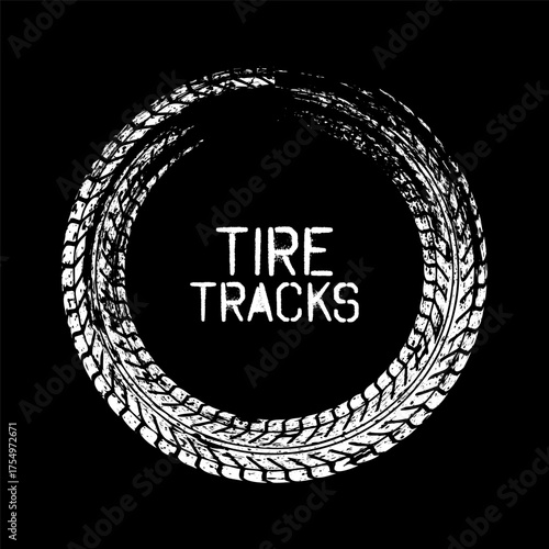 Grunge circle tire track, wheel braking mark. Truck, car or motorcycle tread pattern silhouettes. Auto race, motorsport, speed racing design element. Vector illustration.