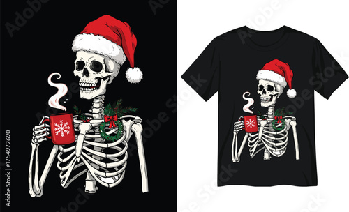 Festive Skeleton with Santa Hat and Mug Illustration