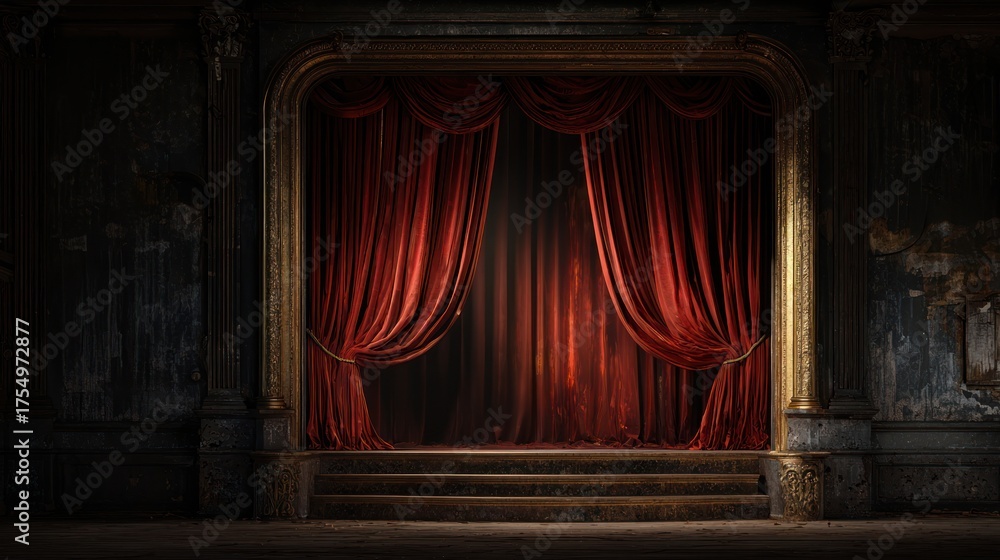 Fototapeta premium Ornate theater stage with crimson curtains and architectural details