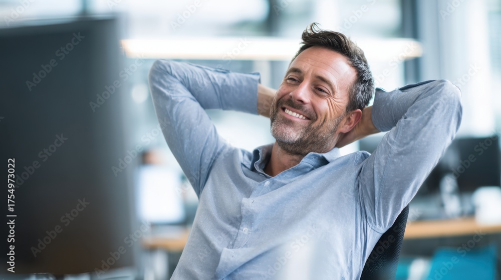 Obraz premium Man enjoys a moment of relaxation at his desk in a bright modern office setting.