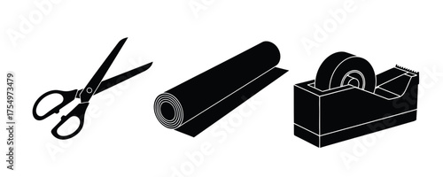 Essential office supplies for crafting and organizing: scissors, tape dispenser, and a roll of dark paper.