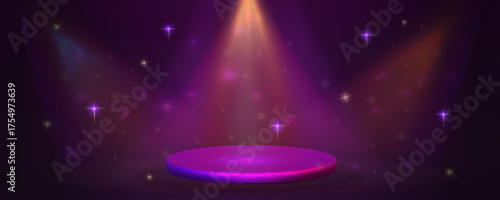 Neon casino stage glowing on purple background. Shiny award podium with abstract light rays creates luxury casino vibe and elegant podium scene.