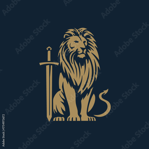 Gold lion sitting with sword on dark blue background, regal and majestic