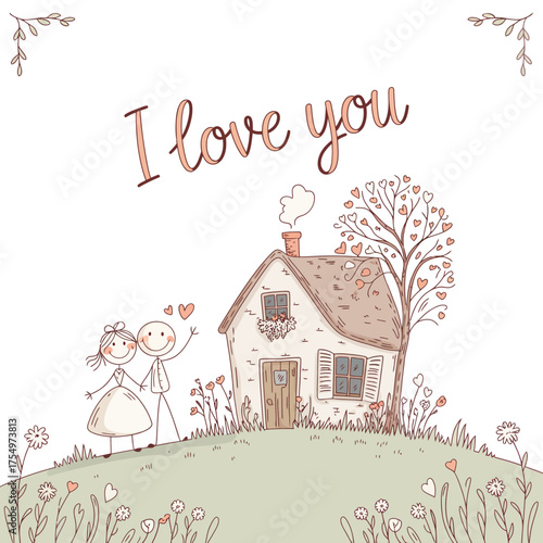 Love's Eternal Home: A whimsical illustration depicts a couple standing before their dream home, with the message I love you above, evoking feelings of warmth, security, and everlasting love.
