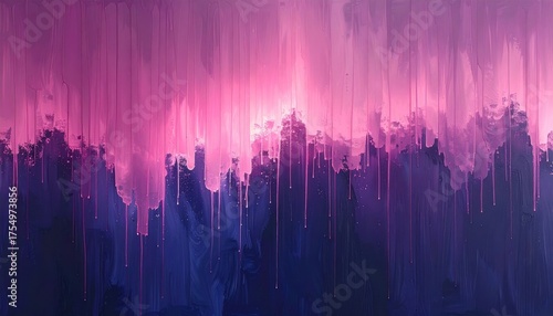 Abstract expressionism painting with dripping pink and blue hues evokes serene emotion