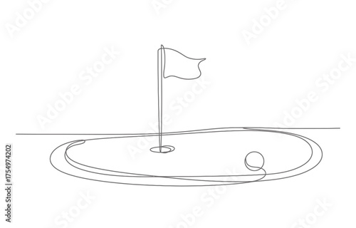 Minimalist continuous line drawing of a golf hole with flag and putting green vector