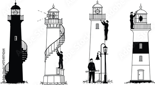 Set of lighthouse keeper silhouettes working on tower maintenance, nautical navigation beacon illustration, maritime safety and coastal architecture concept