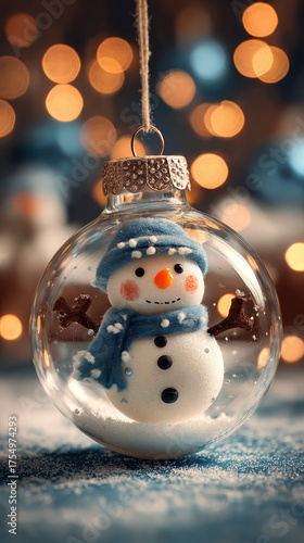 A snowman in a hard hat and gloves intently uses a tablet with a stylus, set against a dark, glowing industrial background. created by ai