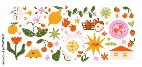 Retro hippie stickers 90s. Summer harvest and countryside joy in retro cartoon style. Fruits and flowers: oranges, cherries, tulips, lemons. Illustration in funky, doodle style, trendy shapes set