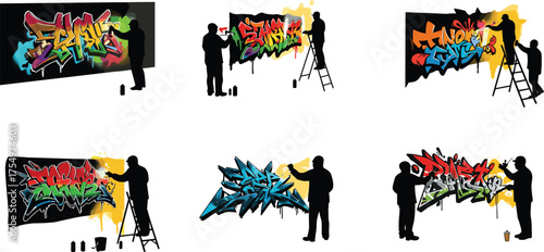 Urban graffiti artist silhouettes creating colorful street art murals, spray painting creative wall designs, modern city culture and artistic expression