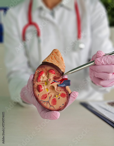 Doctor explains kidney anatomy using a model during a health consultation