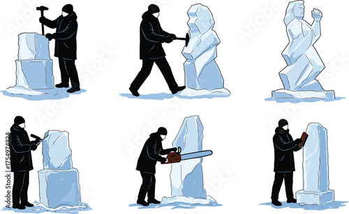 Ice sculptor creating frozen statue using hammer, chisel, and chainsaw, winter art craftsmanship, ice carving process, and artistic illustration