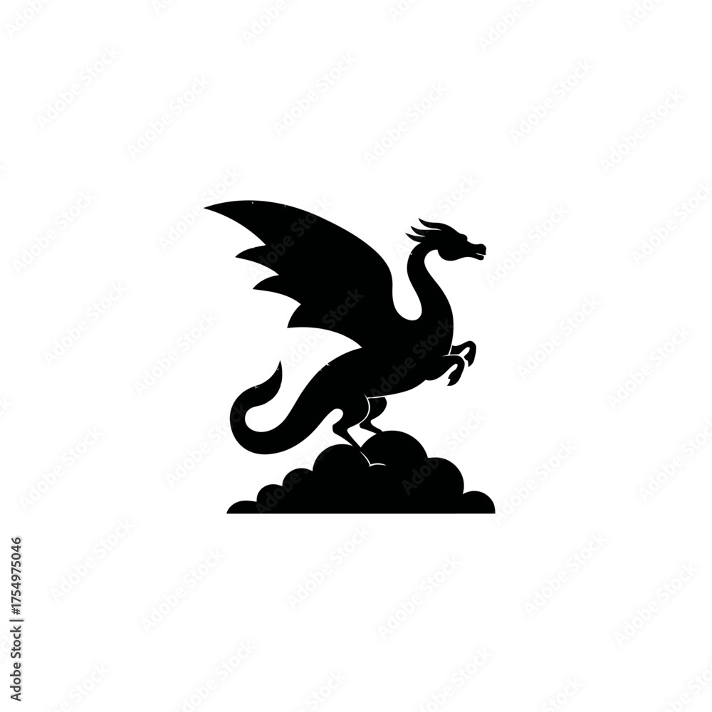Fototapeta premium A stylized black silhouette of a dragon with wings standing on clouds