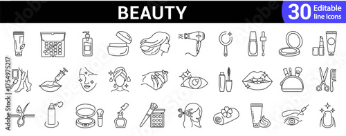Beauty line icon set. Editable line icon set including makeup, skincare, spa, hair, and beauty skincare elements  for cosmetic, fashion, and more. Modern makeup related icons. Vector illustration