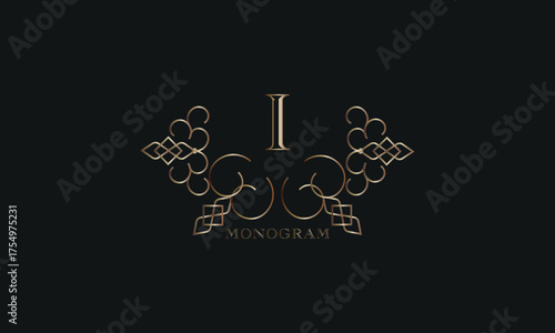 Vector elegant element for design template, place for text with initial letter I. Lace decor for greeting card, invitation, label, business sign.