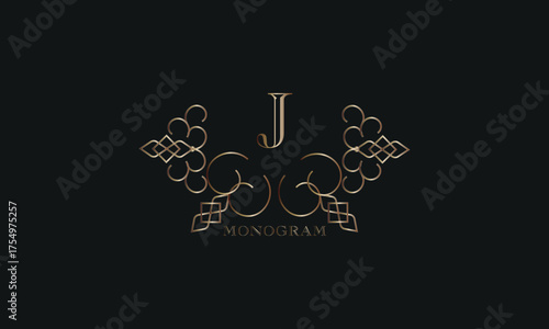 Vector elegant element for design template, place for text with initial letter J. Lace decor for greeting card, invitation, label, business sign.
