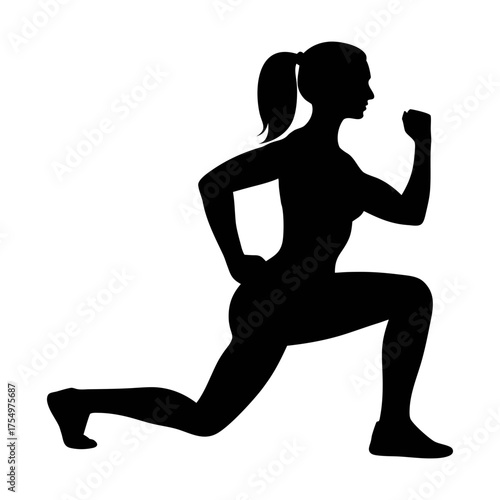 Vector art of silhouette of a woman performing a lunge with arm raise, ideal for fitness, exercise, and healthrelated visuals