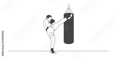 Continuous line drawing of a martial artist performing a high kick on a punching bag during training vector