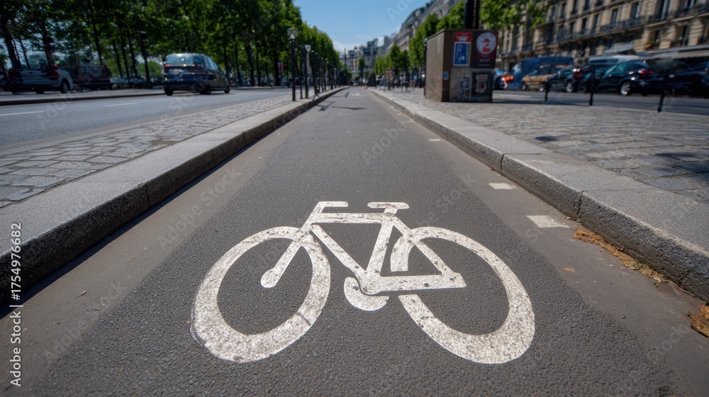 Obraz premium A bright city biking path features a prominent bike symbol inviting cyclists to ride freely.