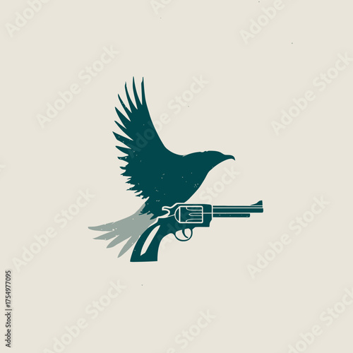 Illustration of an eagle taking flight from a revolver gun, stylized