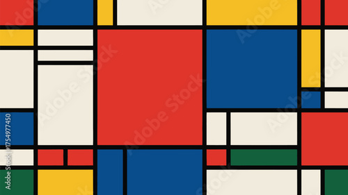 Geometric composition with red blue yellow white and green blocks divided by black lines art style
