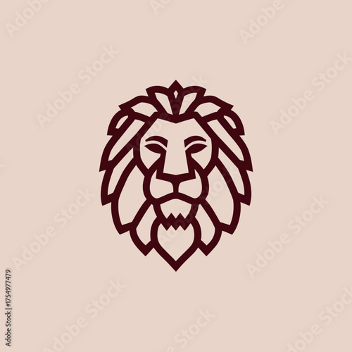 Geometric lion head, line art, burgundy on light cream background, mane of stylized shapes