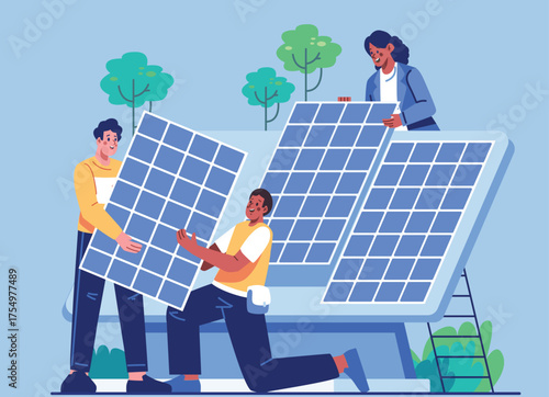 Team installing solar panels — renewable energy concept illustration