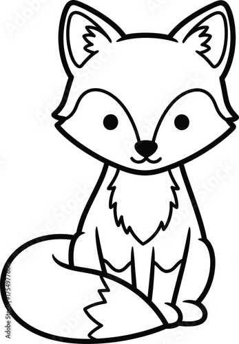 Cute cartoon fox sitting patiently with a fluffy tail and pointed ears in a simple line drawing style