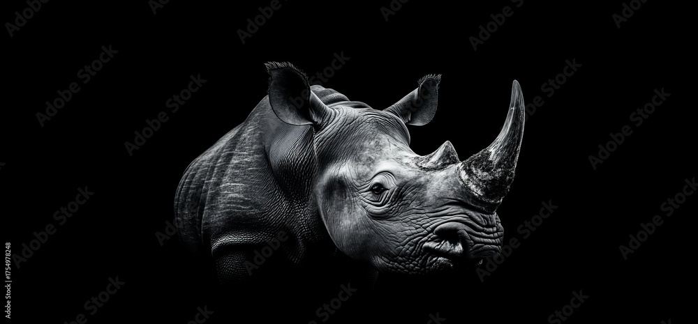 Obraz premium A banner panorama typically features the African Rhino, a type of Rhinoceros wildlife animal, in isolated black and white imagery
