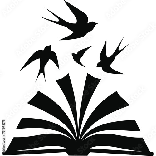 An open book with pages fanning out and several swallows flying upwards from the book in black and white silhouette
