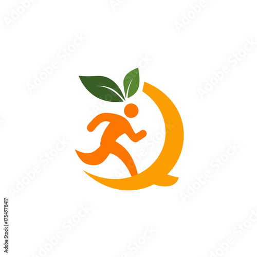 Abstract image of a running figure beneath leaves and crescent arc, on white