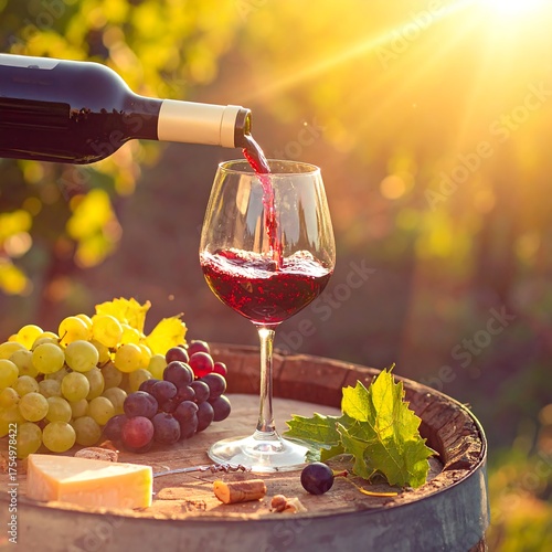 Pouring red liquid from a bottle into a glass. Sun flare in the background