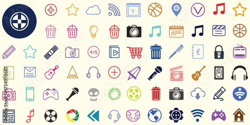 Colorful multimedia and entertainment icon set with music, camera, recycle, wifi, and gaming symbols perfect for app design, web interface, creative projects, and digital communication visuals.