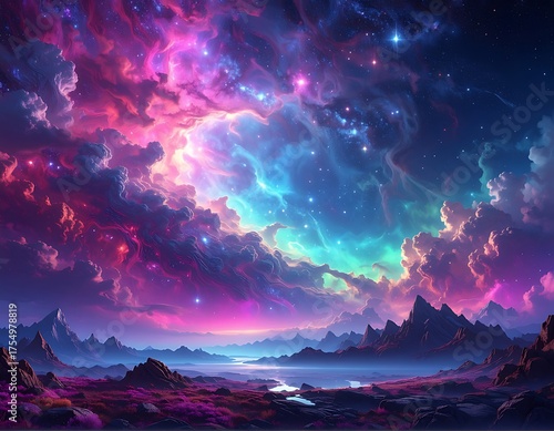 Vibrant Nebula Over Alien Landscape - A Cosmic Dreamscape.