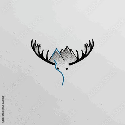 Stylized drawing of mountain range with antlers and blue river on textured background
