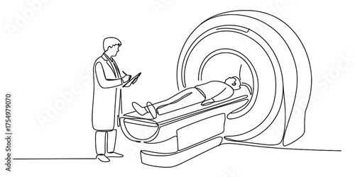 Continuous line drawing of medical imaging procedure patient mri scan doctor monitoring vector