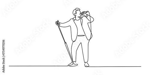 Elegant continuous one line drawing of a man in a suit holding a microphone vector