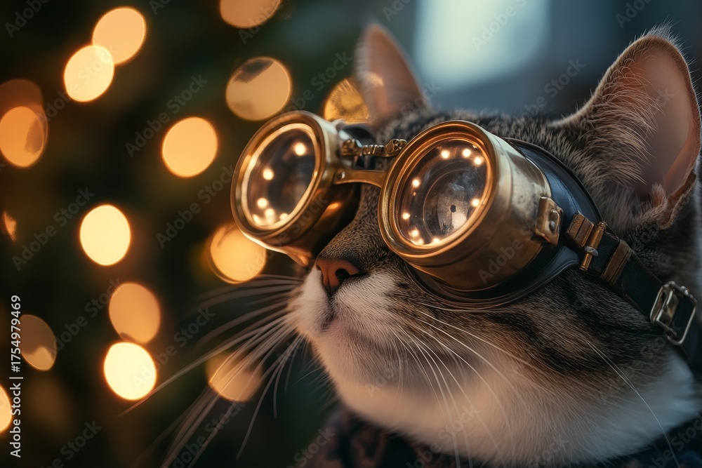 Fototapeta premium The image of a beautiful, rotund feline wearing VR goggles on a vibrant background represents a comical and forward-thinking technological idea