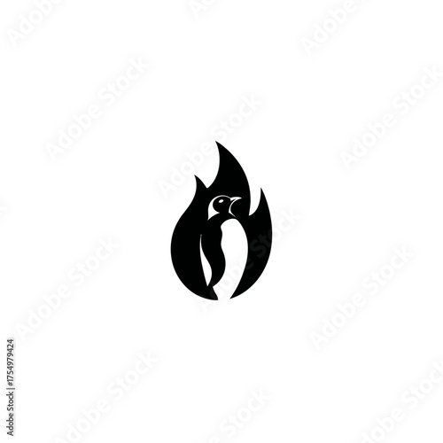 Stylized black silhouette of a penguin figure encased in flames, on white