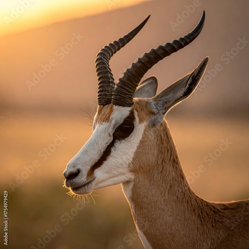 Profile of a springbok antelope bathed in golden sunset light