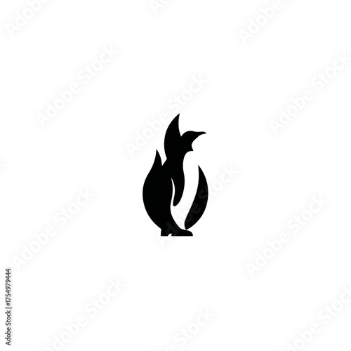 Stylized black flame icon set against a stark white background, design is simple