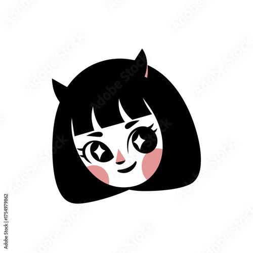 Cartoon girl with black bob haircut and small horns, set on a plain white background
