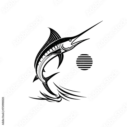 Marlin leaps from the waves, stylized with clean lines against a stark white background
