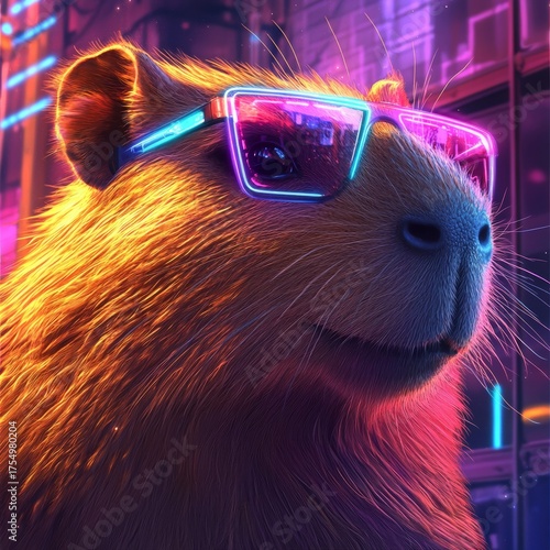 Vibrant neon crimson-purple light illuminates a large portrait of a capybara donning stylish sunglasses, ideal for a creative advertising banner concept with available copy space