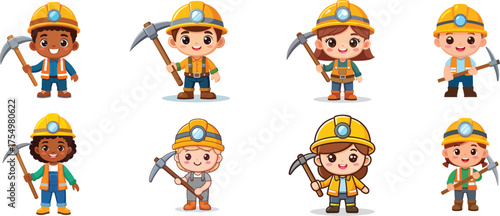 A collection of eight diverse cartoon children dressed as miners, each holding a pickaxe and wearing a hard hat.