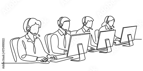 Continuous line art drawing of a call center team working together seamlessly on their computers vector