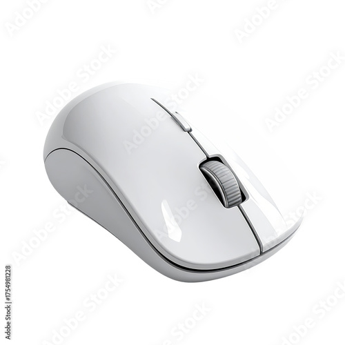 A sleek, white wireless computer mouse with a scroll wheel, resting against a black background