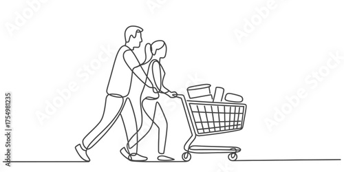 Continuous one line drawing of a couple pushing a shopping cart full of groceries together vector