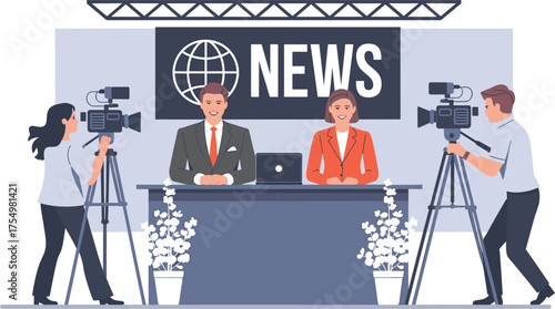 News Team Live Broadcast Studio Illustration